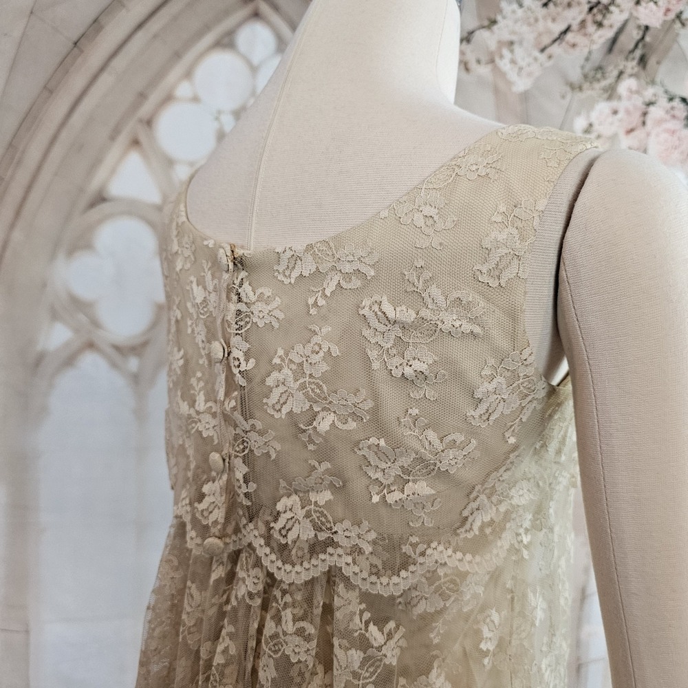 Vintage 1960's Dress Shift Beige Lace Overlay Empire Waist Mod Formal - Picture 8 of 14